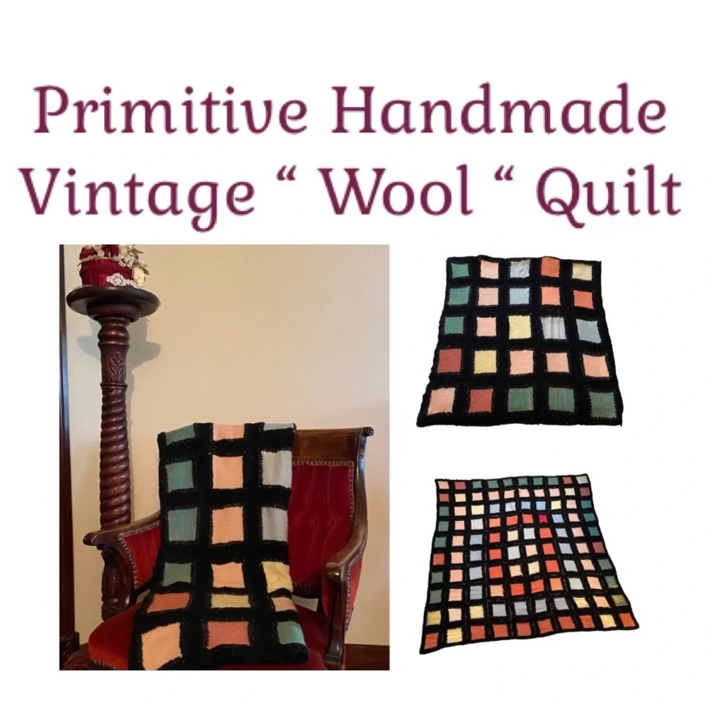 Vintage Hand Crafted Quilt Patchwork Primitive Antique Wool Crochet Knit Afghan
